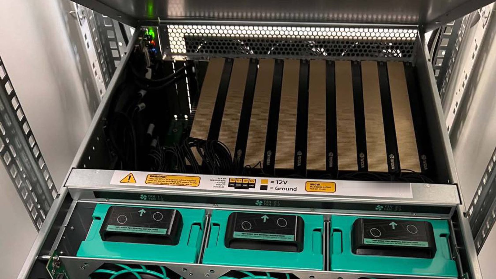 Inside our 8-GPU server: eight RTX PRO 6000 cards behind the fan wall